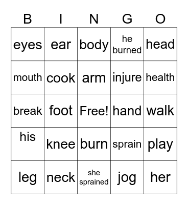 Body n Actions Bingo Card