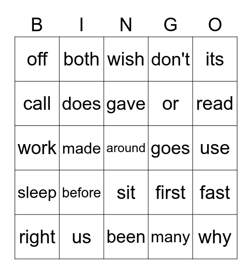 Second Sight Words BINGO Card