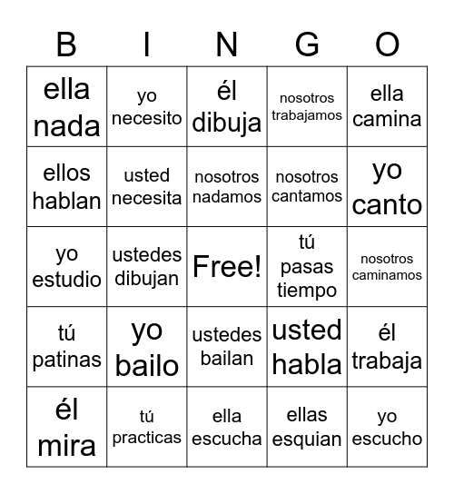 Spanish AR Verbs Bingo Card