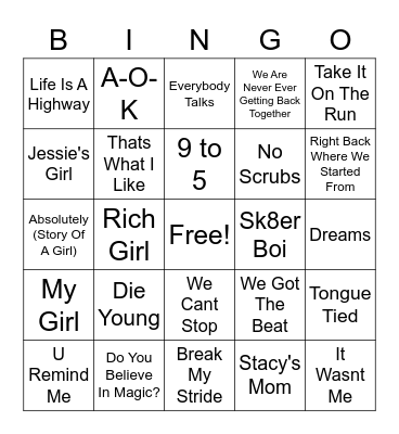 Car Songs Bingo Card