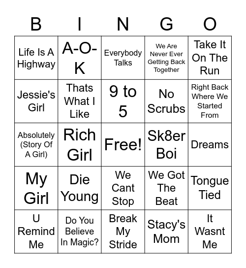 Car Songs Bingo Card