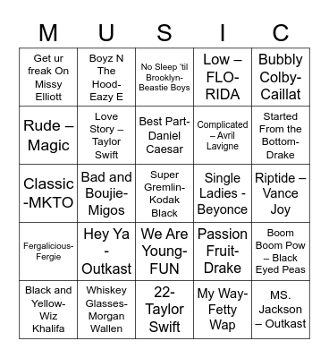 Graduation Music Bingo Card