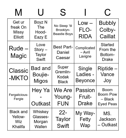 Graduation Music Bingo Card