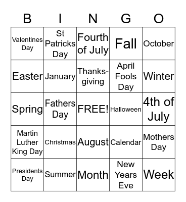 Calendar  Bingo Card