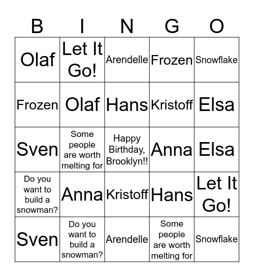 FROZEN Bingo Card