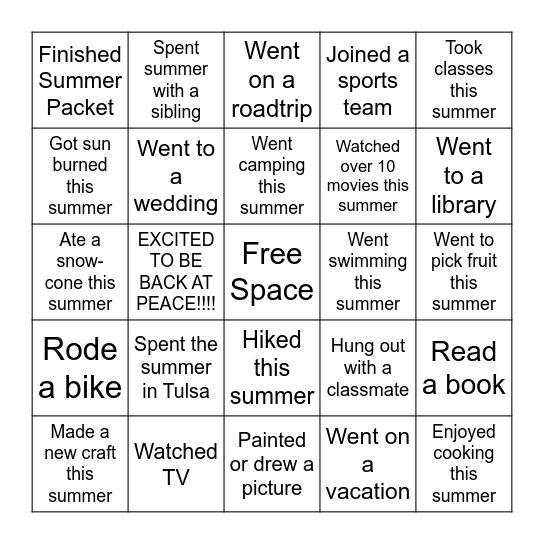 Peace Beginning of Year Bingo Card