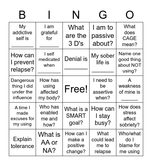 Substance Abuse Recovery Bingo Card