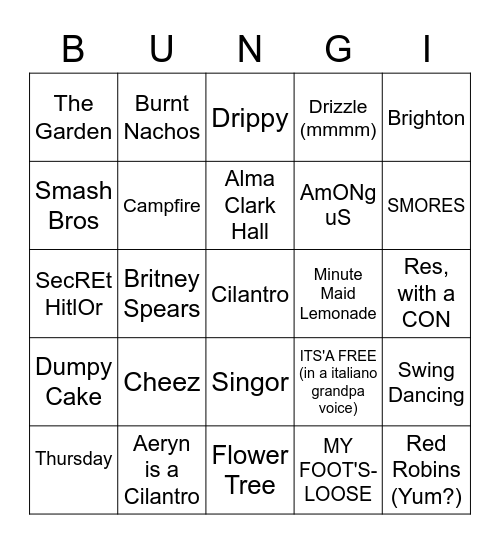 Bungi Bingo Card