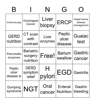 Upper GI Bingo Card