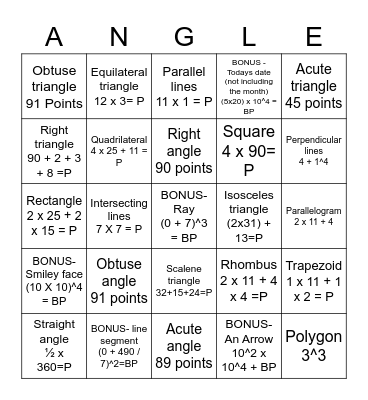 Geometry Relay Bingo Card