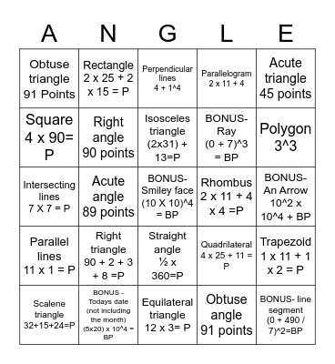 Geometry Relay Bingo Card