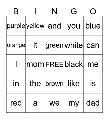 Sight Words Bingo Card