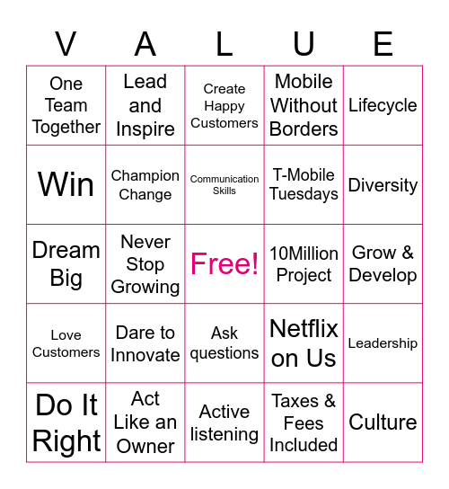 CAT Value Bingo Card