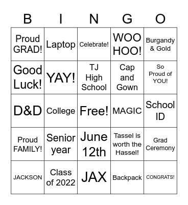 JACKSON'S  GRADUATION Bingo Card