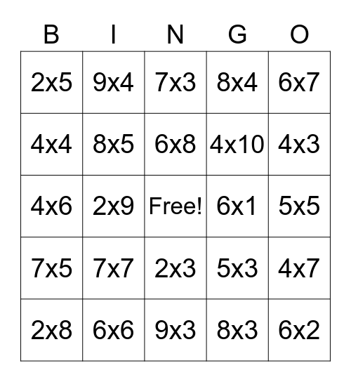 Multiplication Bingo Card