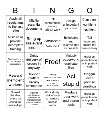 Workplace Management Sabotage Bingo Card