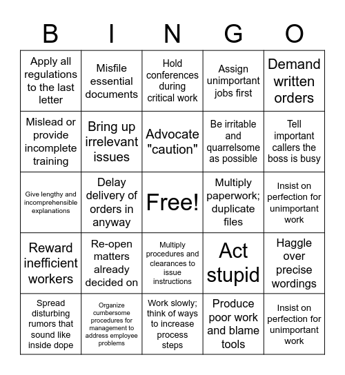 Workplace Management Sabotage Bingo Card