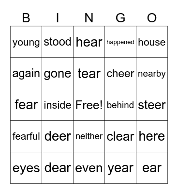 eer, ere, ear Bingo Card