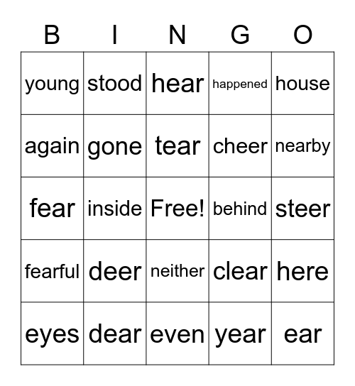 eer, ere, ear Bingo Card