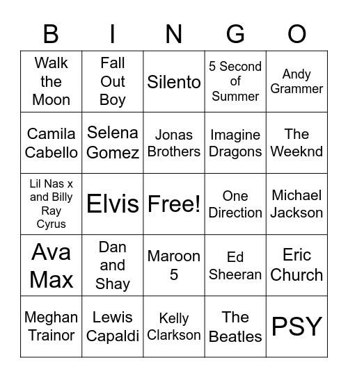 Pop Music  Bingo Card