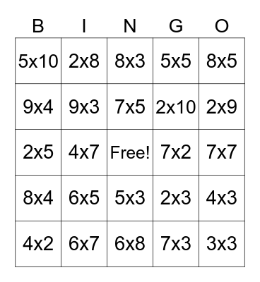 Multiplication Bingo 1 Bingo Card