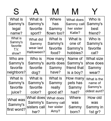 Sammy's Secrets Bingo Card