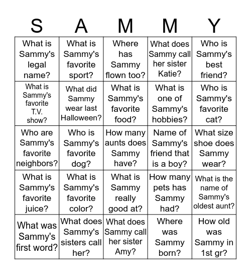 Sammy's Secrets Bingo Card