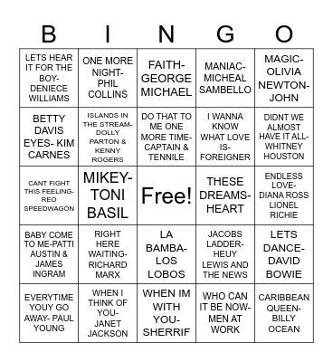 HITS OF THE 80's Bingo Card