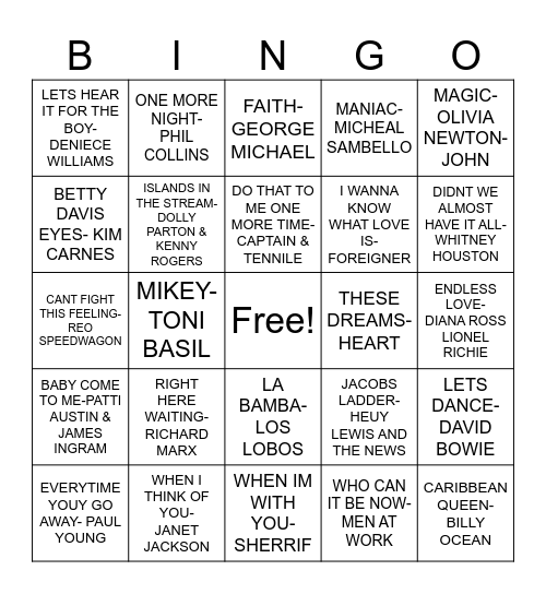 HITS OF THE 80's Bingo Card