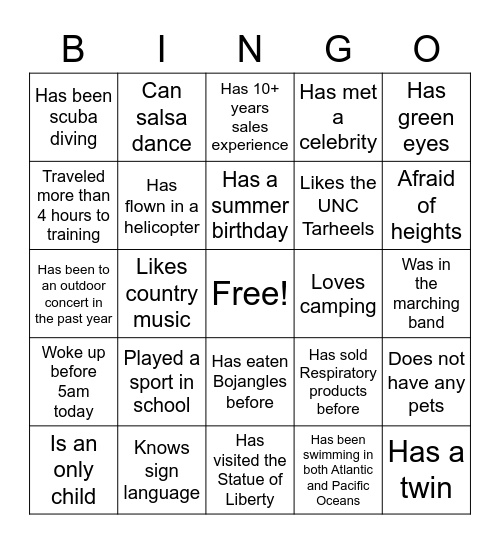 Respiratory Icebreaker Bingo Card