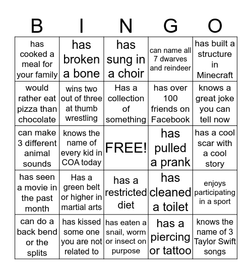 Bingo COA Bingo Card