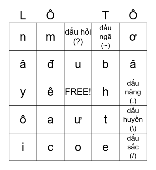 Bingo LỚP 1-3 Bingo Card