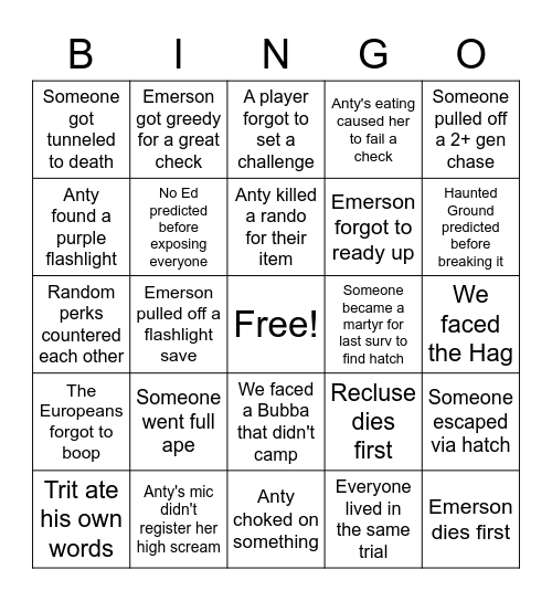 DBD Bingo Card