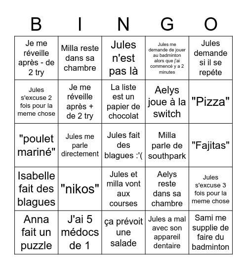 Appart Mardi Bingo Card