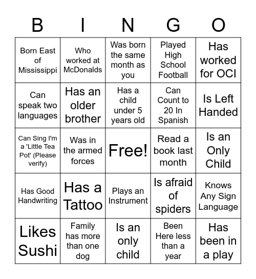 Find Someone Who... Bingo Card