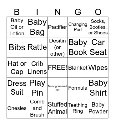 Baby Shower BINGO Card