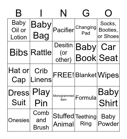 Baby Shower BINGO Card