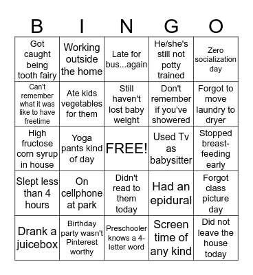Mommy Guilt Bingo Card
