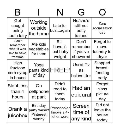 Mommy Guilt Bingo Card