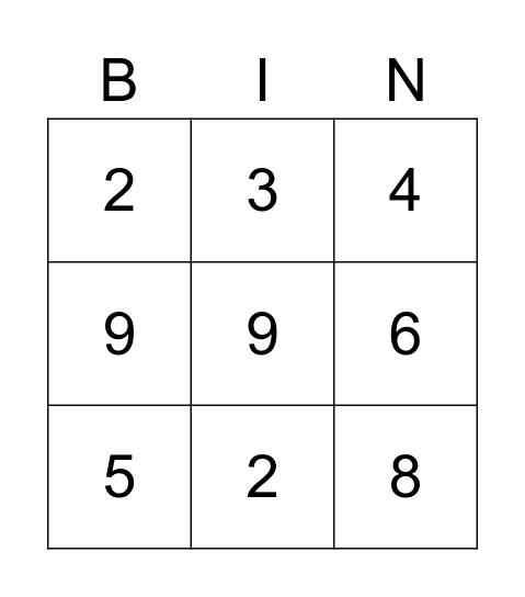 Number Bingo Card