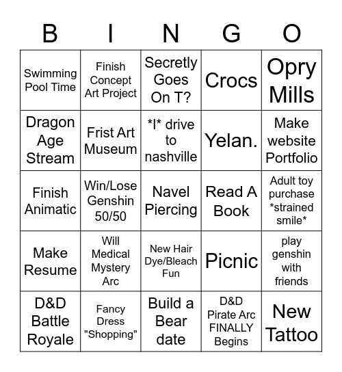 Will's Male Diva Summer Bingo Card