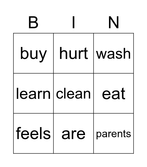 Sight Words Bingo Card