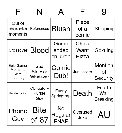 Untitled FNAF-Based Bingo Game Bingo Card