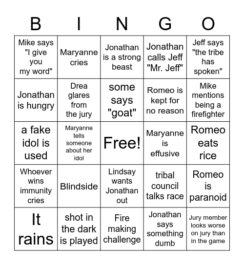 Survivor Season 42 Finale! Bingo Card