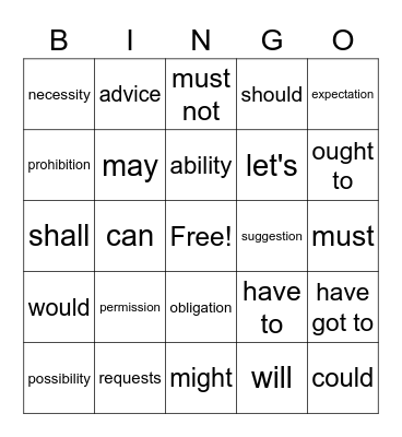 Modal Verbs Bingo Card