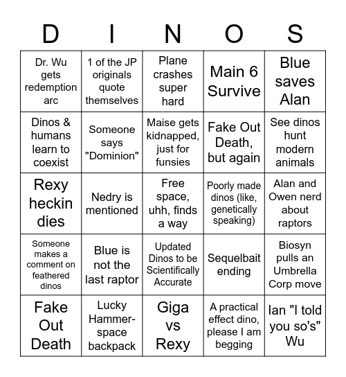 Jurassic World Prediction Bingo Card