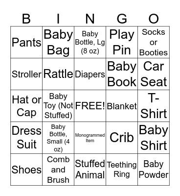 Baby Shower BINGO Card