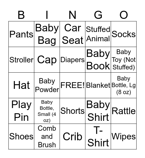 Baby Shower BINGO Card