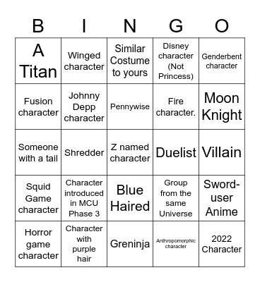 Cosplay Bingo Card