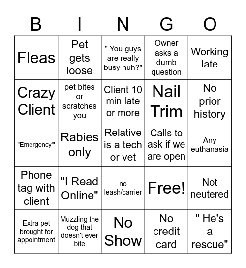 Veterinary Bingo Card